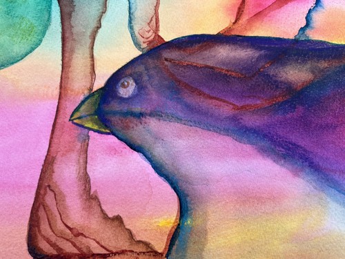 "Acuarela Original Pintura Abstracto Pájaro y Formas Arte Popular Surrealista 15x22""" - Imagen 7 de 9