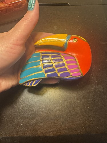 Vintage Signed Laurel Burch Bird Colorful Hand Painted Wood Figurine. With Box - Picture 6 of 9