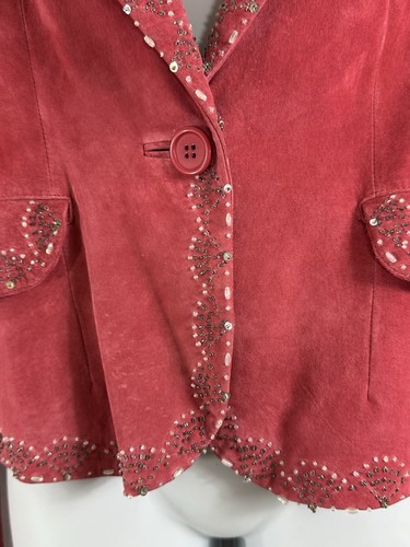 Margaret Godfrey Sz L Coral Genuine Suede Bead Sequin Embellished Leather Jacket - Picture 8 of 24