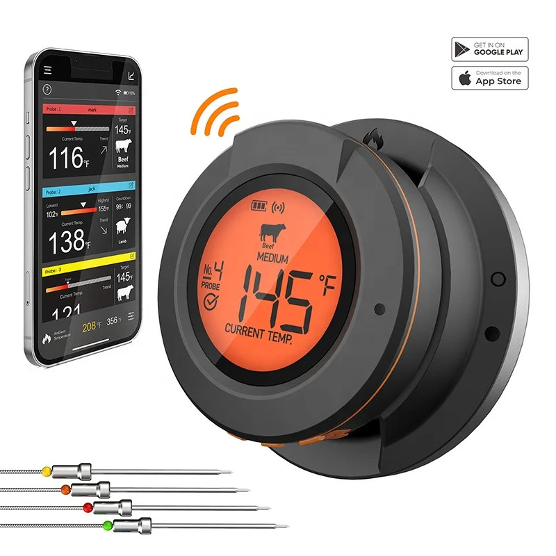 Wireless Digital Meat Thermometer Smart BT App Grill Oven Barbecue BBQ 2/4 Probe