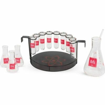 15 Piece Science Chemistry Bar Set Test Tube & Flask Shot Glasses, Flask Mixer 