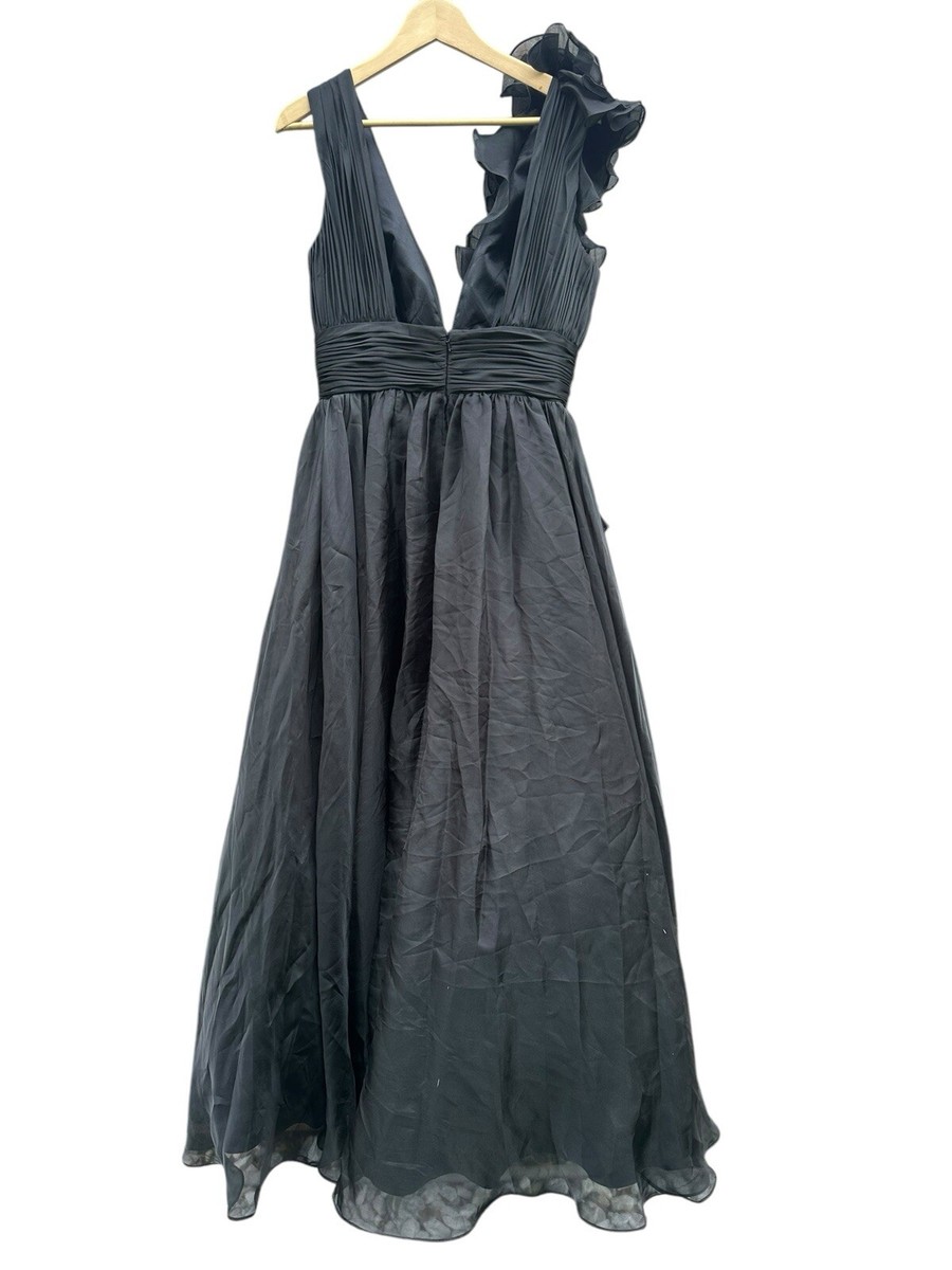 Mac Duggal★フリルショルダー シフォンボールガウン ドレス 黒 NEW, Mac Duggal RUFFLE SHOULDER V-NECK CHIFFON GOWN in Black