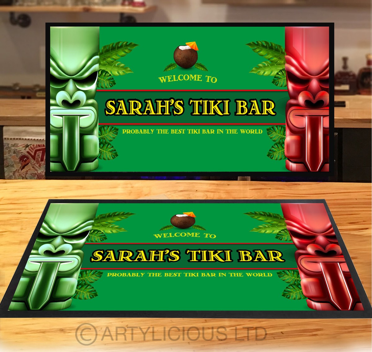 Tappetino Per Bar Tiki Con Simpatico Design Verde | Antiscivolo E Assorbente Per Cocktail | Regalo Originale Per Appassionati Di Birra - 3