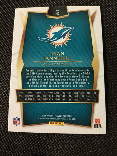 Tarjeta 2016 Ryan Tannehill Panini Select NFL #41 Miami Dolphins Tennessee Titans - Imagen 2 de 2