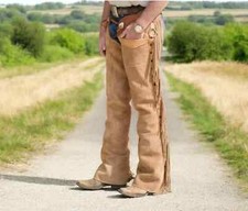 Men Riding Style Equestrian Cowboy Suede Leather Pant Fully Leg Fringes Chap