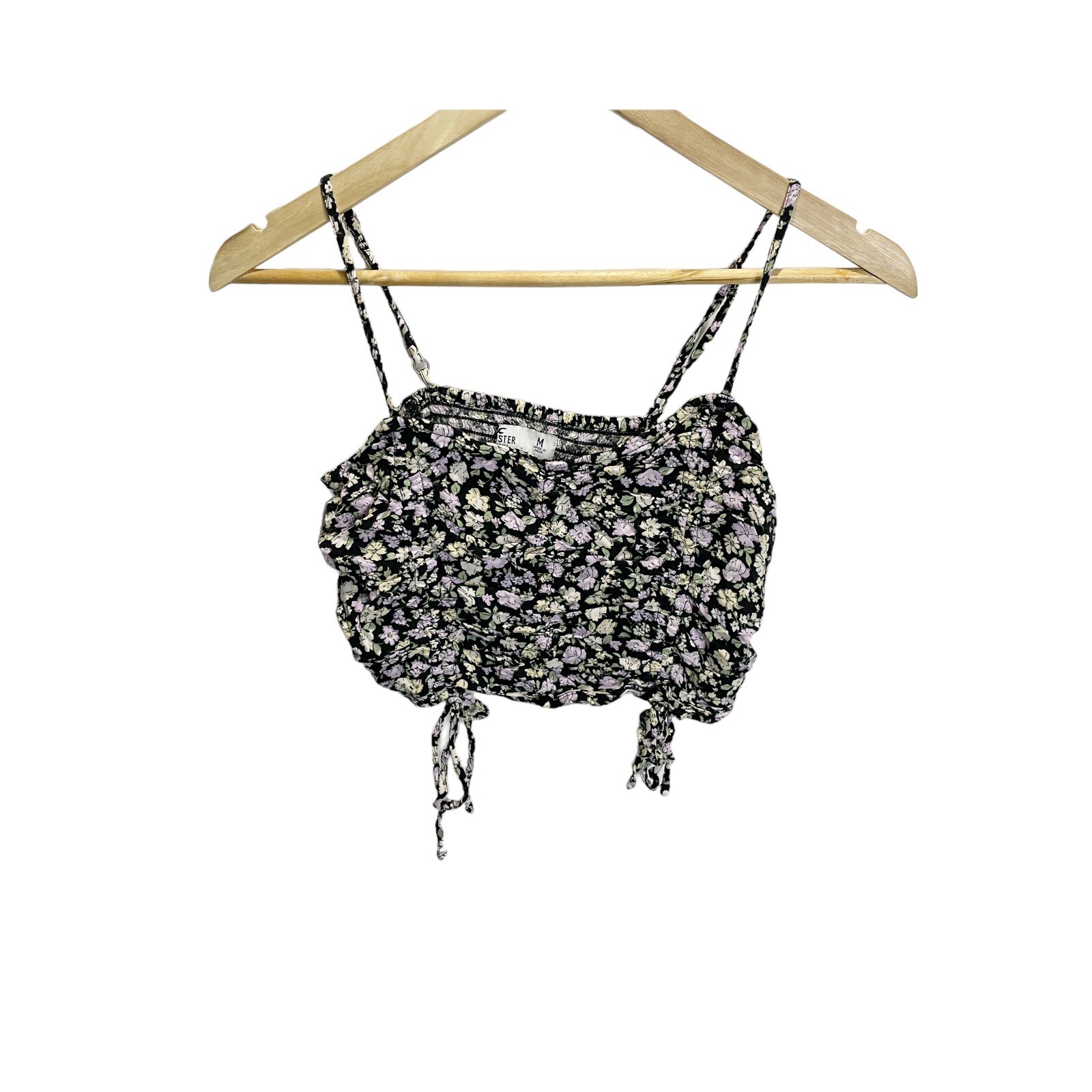 Hollister Women’s Juniors Black Floral Cinch Front Tie Ruched Crop Top Sz M