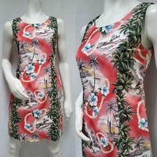 Vintage HILO HATTIE Red Floral Hawaiian Surfer Palm Trees DRESS - Size M - EUC