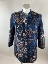 Chico's Blue Black Gold Metallic Brocade Mandarin Collar Blazer Jacket 2 M / L P