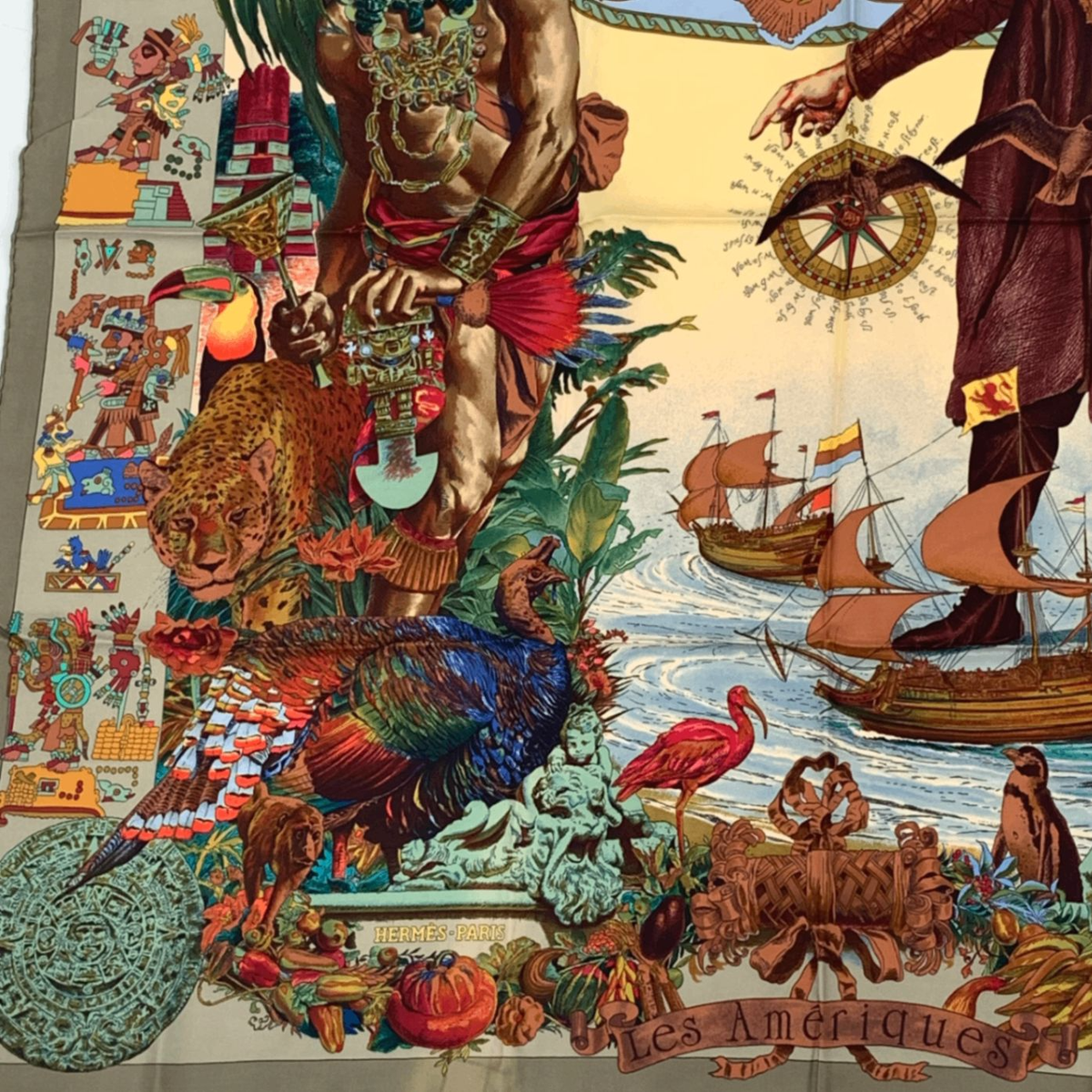 HERMES カレLes Ameriques スカーフ HERMES Carre 90 Les Ameriques Silk Scarf Khaki Multicolor W 90cm