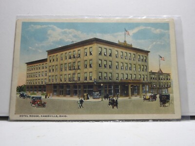 White Border Postcard Hotel Rogge Zanesville Ohio Vintage Cars People Wagon  E32