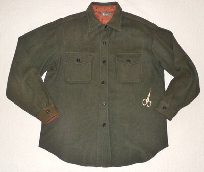 Vintage SEARS Premire Collection Olive Green Wool Shirt - L - Flaw