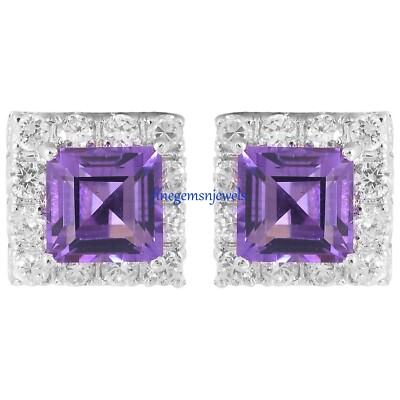 Natural Amethyst & CZ Gemstones with  925 Sterling Silver Men's Cufflinks #F89