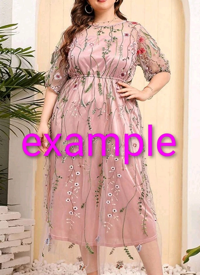 Women's Midi Dress- Elegant Floral Embroidered Mesh Tulle Over Pink, Sz 4XL - Image 3 of 4