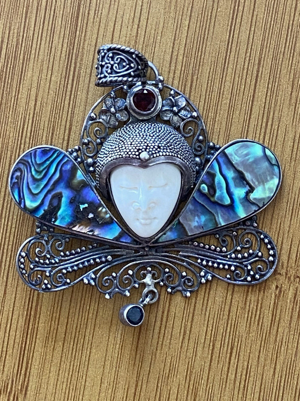 Bali Goddess Pendant Carved Face Sterling Silver 925 Garnet, Blue Topaz, Abalone
