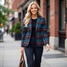 CAbi Holiday Plaid Black Blazer Jacket Sz L Jacket 3850 Unlined Pockets