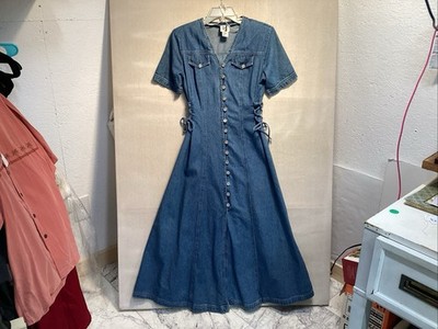 vtg dj int l denim midi dress 7/8 v-neck front button closure lace up side