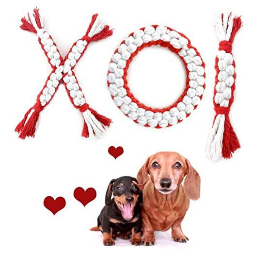 3 Pcs Valentine's Day Dog Cotton Rope Toys or Dog Teeth Cleaning I Shape X