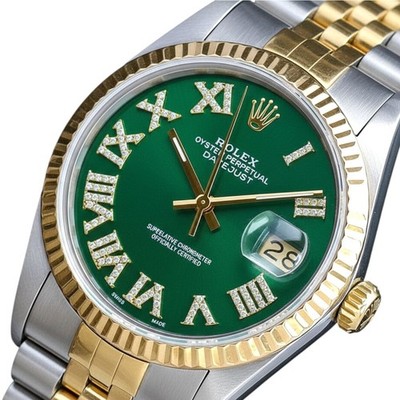 Rolex Datejust 16013 Two-Tone 18K Yellow Gold SS Green Diamond Roman Dial Watch