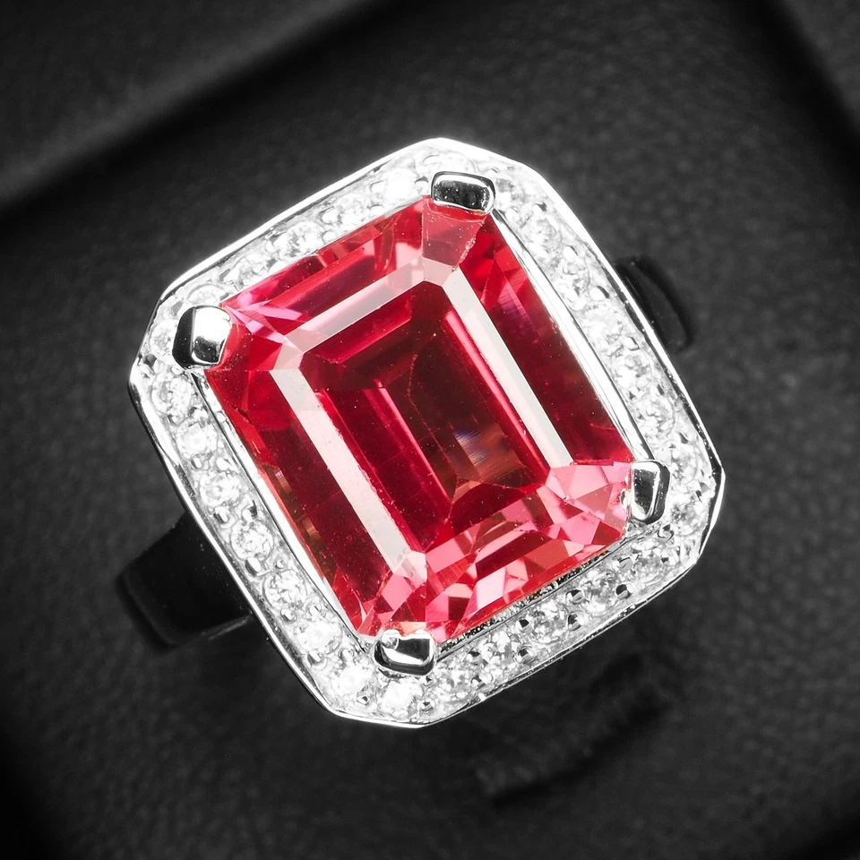 Anelli fatti a mano in argento sterling 925 7,06 ct baguette zaffiro rosa... - Immagine 2 di 4