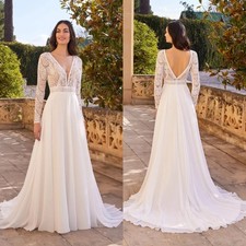 Boho A-Line Wedding Dresses V Neck Long Sleeves Lace Applique Train Bridal Gowns
