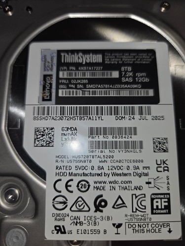 LENOVO 02JK285 THINKSYSTEM 8TB 7.2K 12G 3.5" SAS 7E8 HUS728T8TAL5200 Hard Disk 