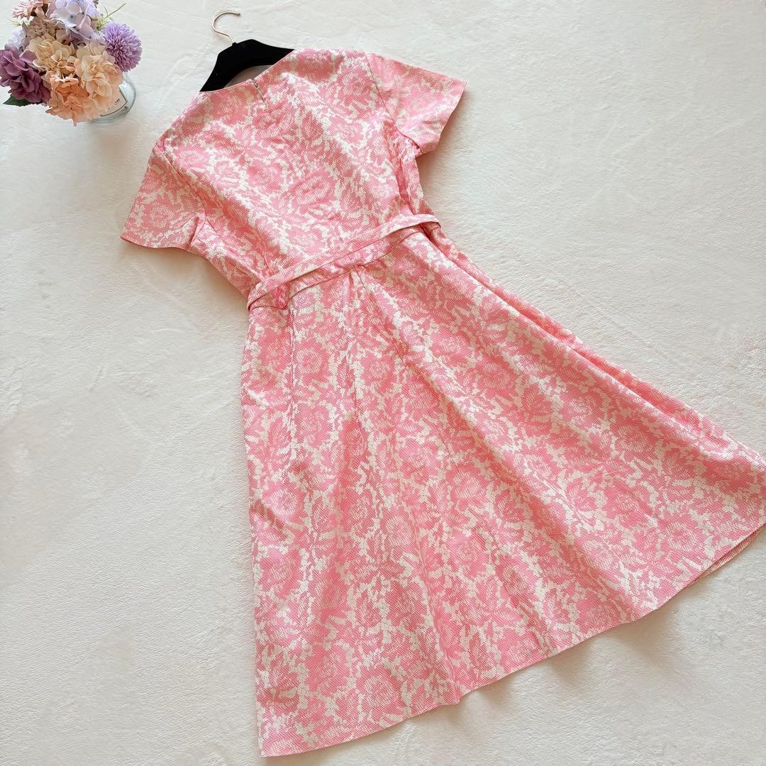 VALENTINO Floral Jacquard Dress Pink Size XL Elegant Designer Belted From Japan thumbnail 7