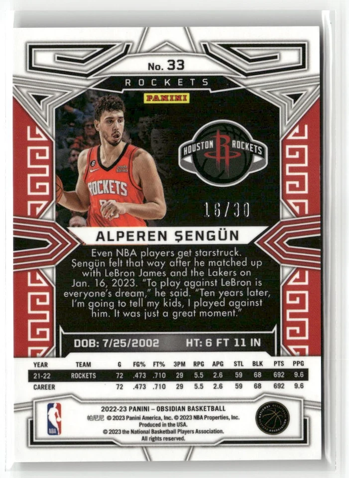 2022-23 Panini Obsidian #33 Alperen Sengun Electric Etch Blue #/30 ☘️043 - Image 2 of 2