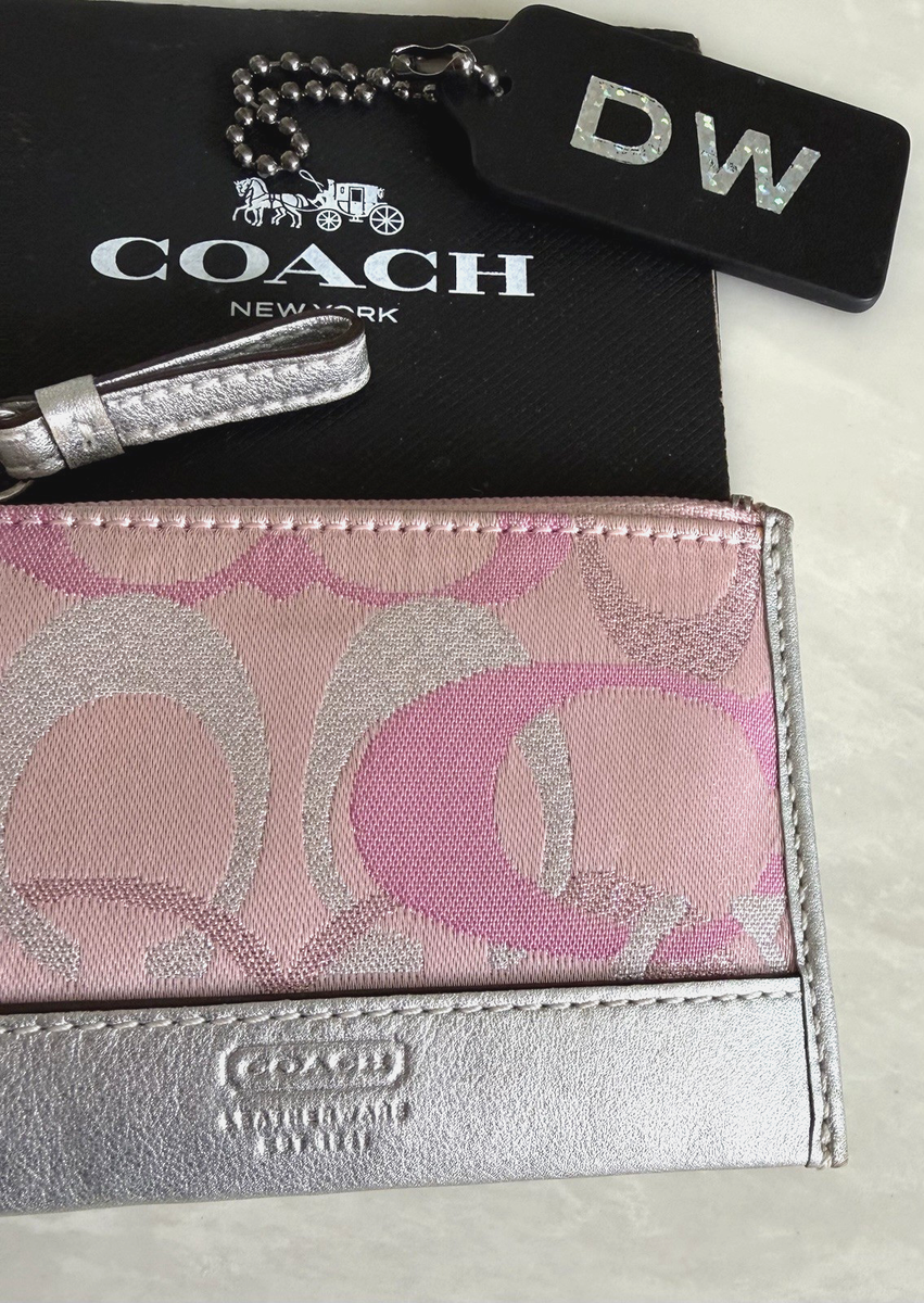 COACH PINK / SILVER SIGNATURE LUREX SMALL CARD CASE ZIP COIN PURSE