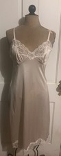 VINTAGE 60s 70s FULL SLIP MIDI DRESS LINGERIE Lace SILKY Nude Union Label 36 M