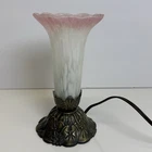 Vintage Frosted Glass PINK TRUMPET Flower Table Lamp Tulip Tiffany Style Floral