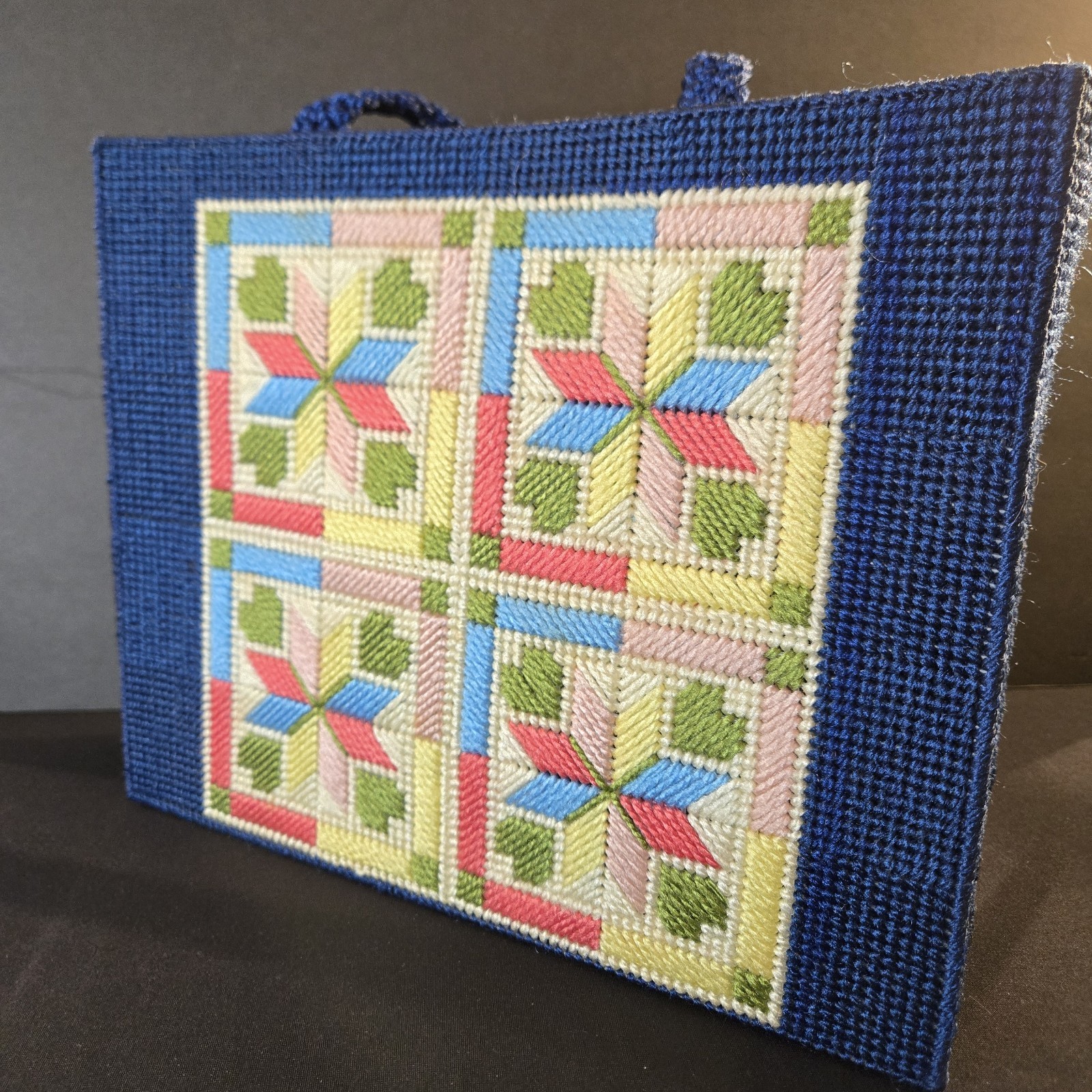 Vintage Needlepoint Patchwork Blue Tote Grannycor… - image 13
