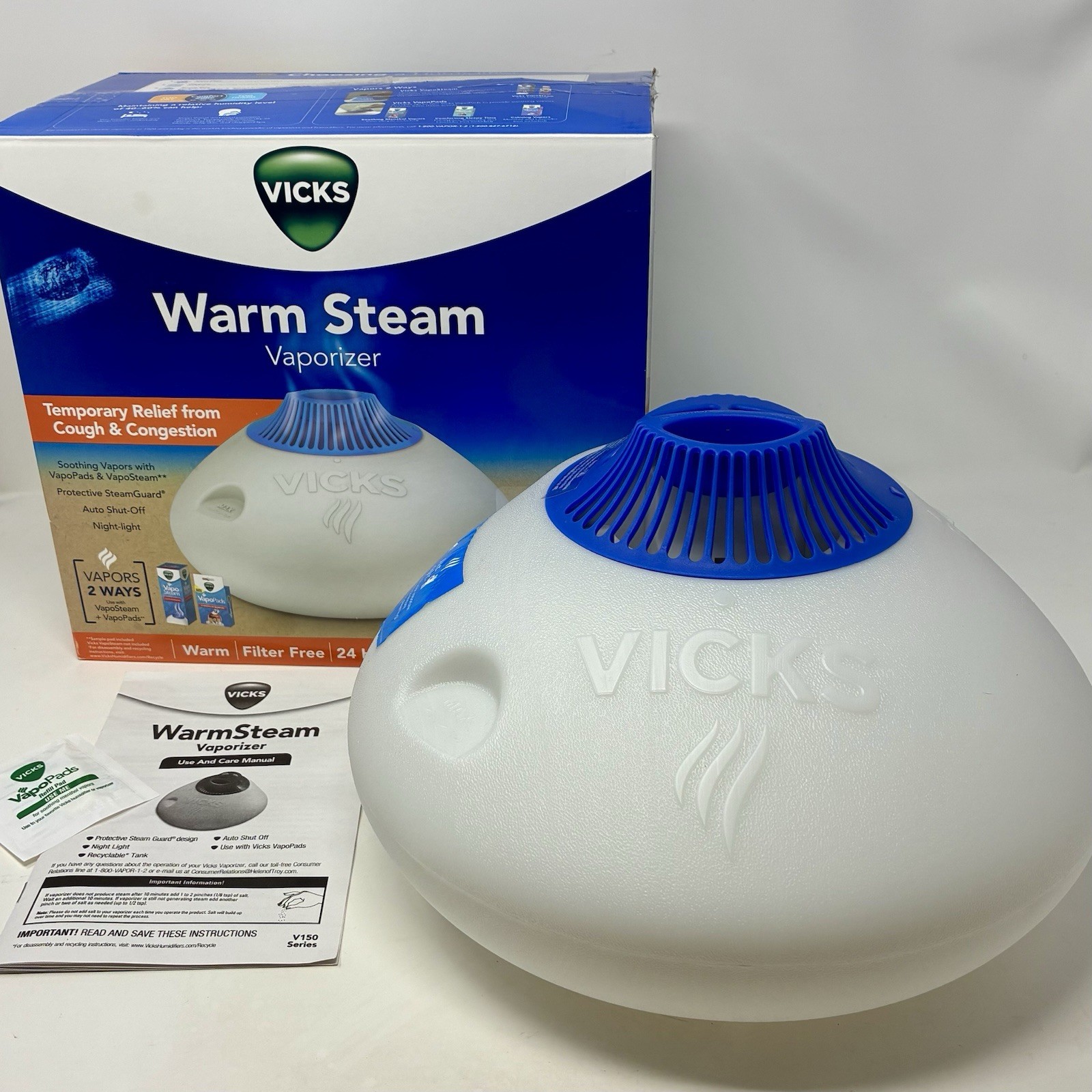Vicks Warm Steam Vaporizer Humidifier with Night Light 1.5Gal includes VaporPads
