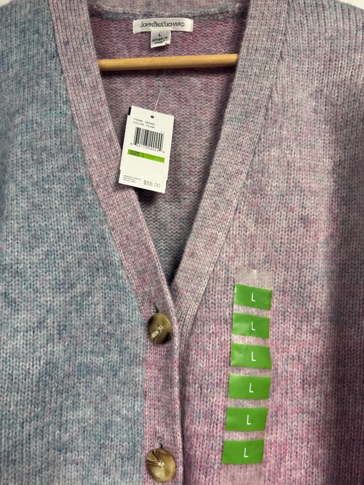 Cárdigan JOHN PAUL RICHARD Ciruela Lavanda Suave Difuso Suéter Talla L NUEVO $58 Foto 4 de 4
