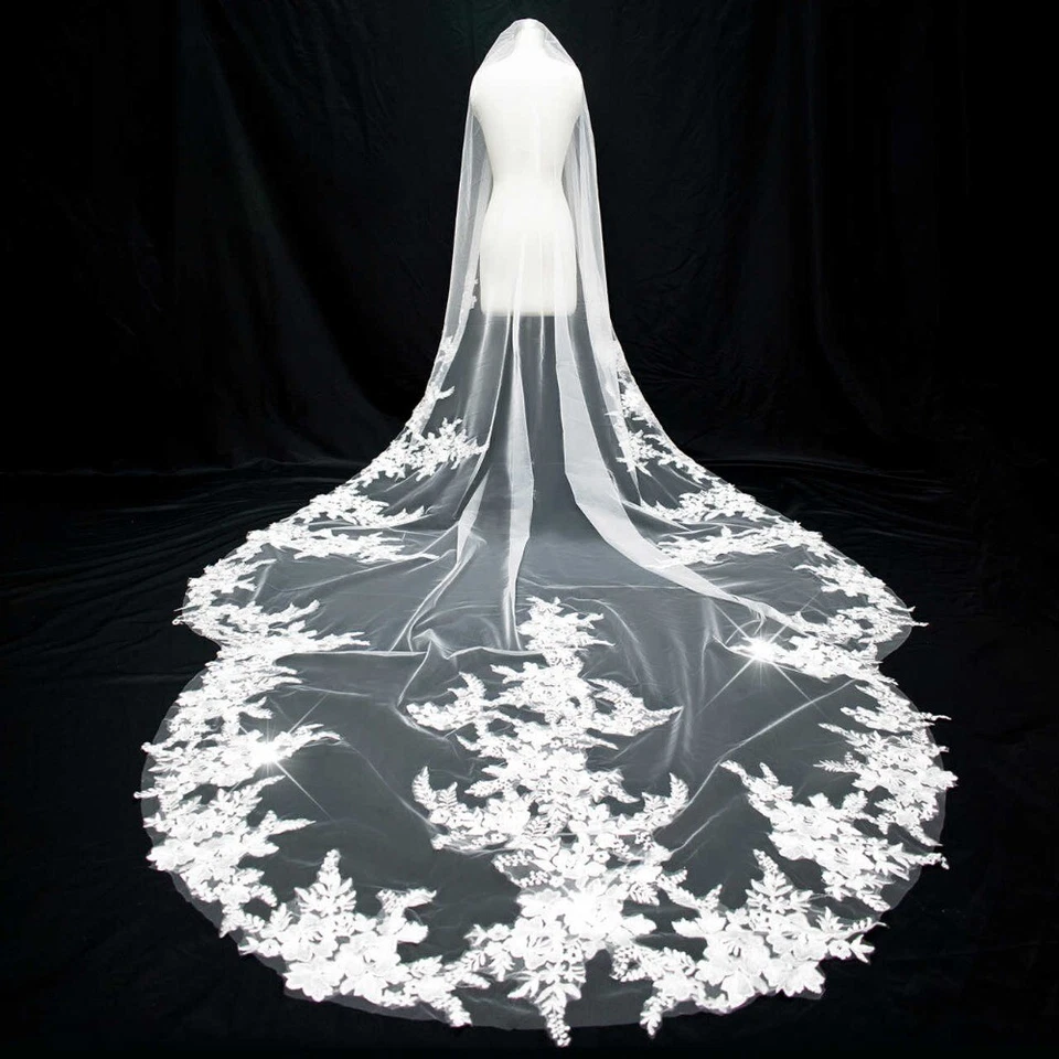 新娘婚礼面纱花朵贴花边缘花边大教堂长度带梳子 — 第 3/4 张图片