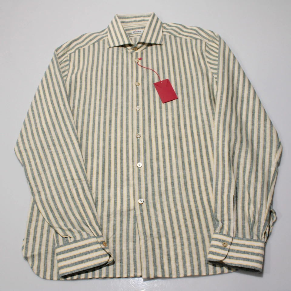 Camisa Kiton Nueva con Etiquetas Informal Abotonada Talla XXL Verde/Amarillo/Crema Rayas Mezcla de Lino Foto 3 de 4