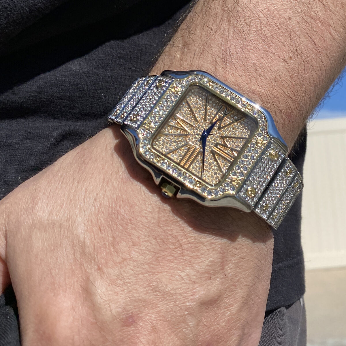クォーツ腕時計 CZウォッチ Big Watch Square Blue Hands Iced Simulated CZ Gold w/ Silver