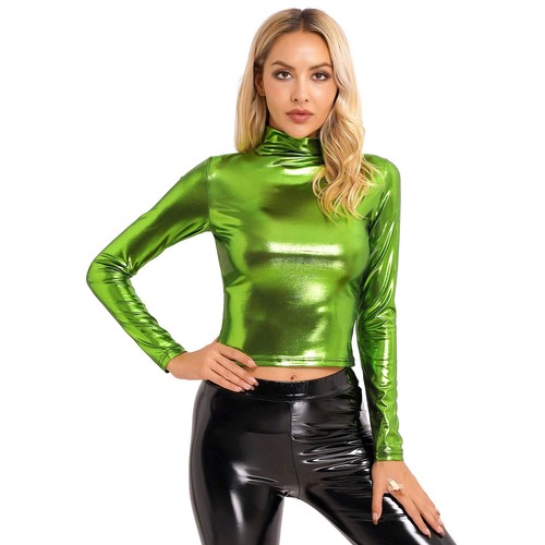 Damen Metallic Tops Wetlook Glänzend Unterhemd Crop Top Oberteile Party Tops - Picture 28 of 41