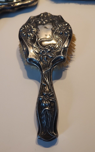 Antique Van Bergh Silver Art Nouveau Floral Dresser Vanity Set Brush Mirror Tray - Picture 7 of 24