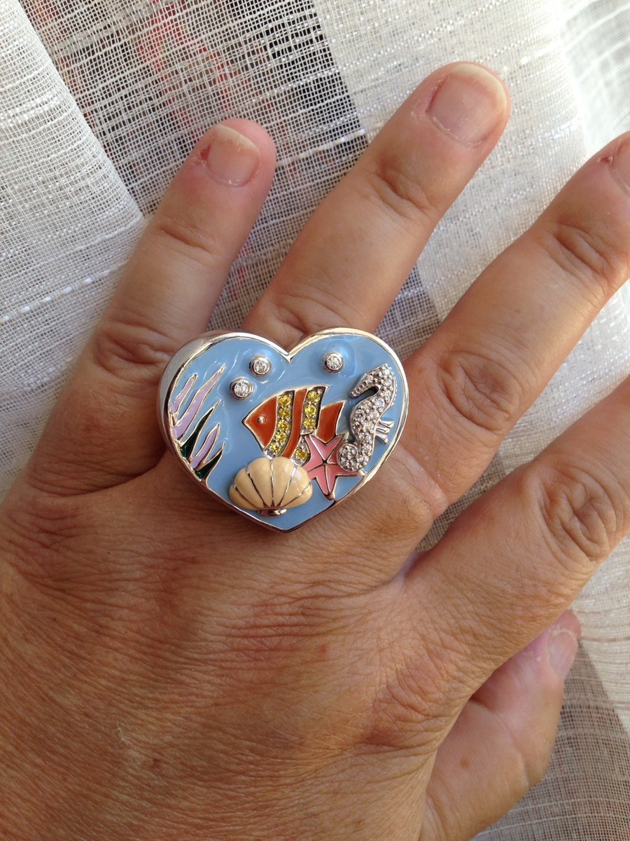 Bague Coeur En Argent 925 Massif Et Émail Signée Una Storia - Taille 52, Neuve