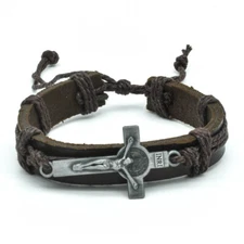 Saint St Benedict Crucifix Leather Bracelet Christian Adjustable Fashion Jewelry