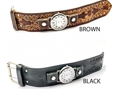 PRIMEMAX:HEAVY EMBOSSED BROWN/BLACK BIKER STYLE LEATHER BAND LARGE CASE WATCH