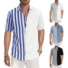 Mens Short Sleeve Dress Button Down Causal Shirt Fancy Striped Slim Fit T Shirt