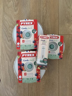 Pyrex Brandneu 3er Set Cook & Save Runde Glas Aufbewahrungsschüsseln & Vakuumpumpe