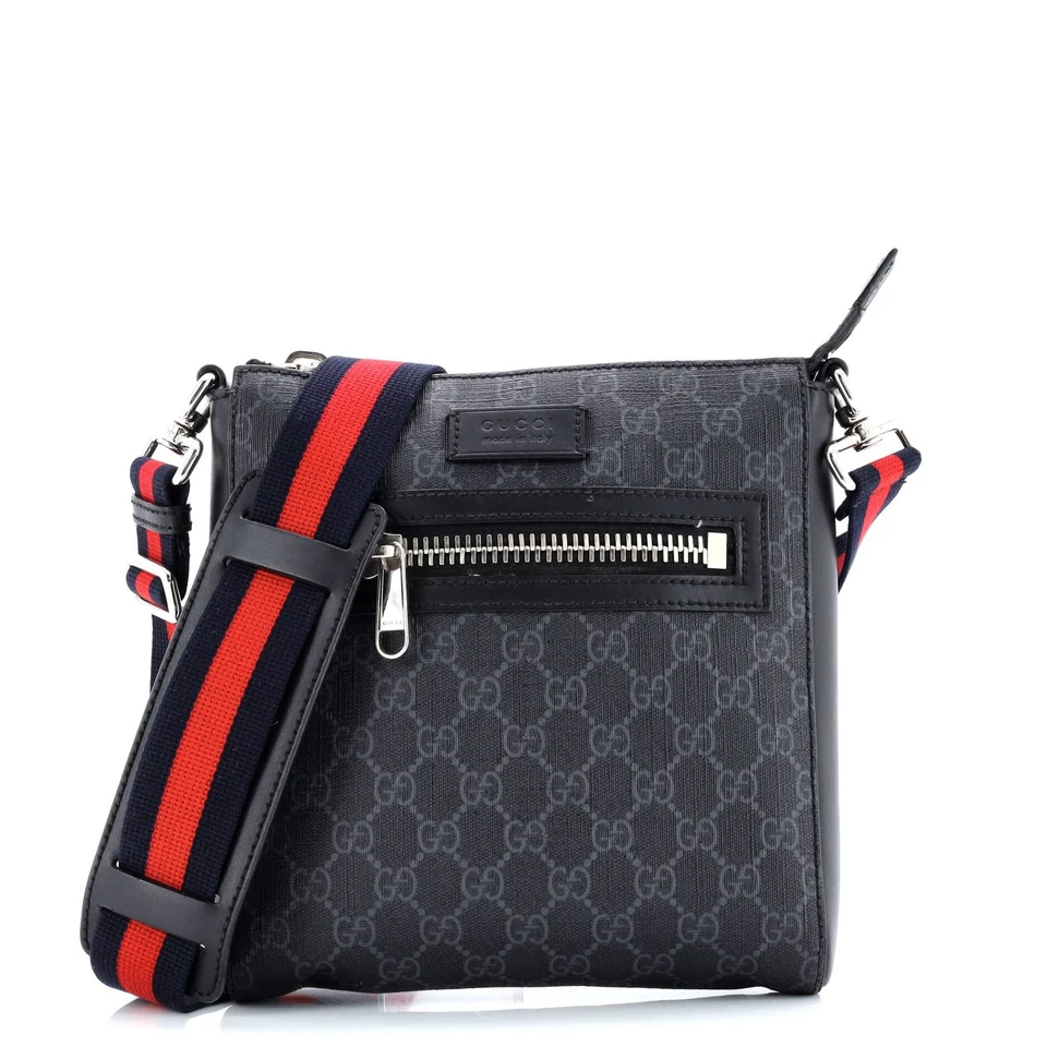 Bolso Mensajero Gucci Correa Web Cremallera Frontal GG Lona Recubierta Pequeño