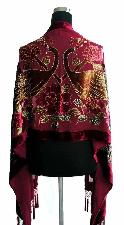 Deslumbrante envoltório xale oblongo feito à mão com miçangas 100% seda veludo PAVÃO, Borgonha - Imagem 2 de 3