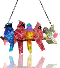 Stained Glass Window Hanging - Large Stained Glass Birds on Branch, Birds Sun Ca