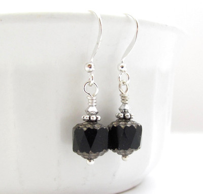 Black Earrings Czech Glass using Swarovski Crystal Silver Plated Birthday Party