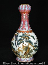11.2" Qing Qianlong Marked Enamel Colour Porcelain Fushou Deer Crane Vase Bottle