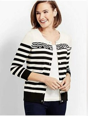 NWT TALBOTS IVORY AND BLACK STRIPED RUFFLED Nautical CARDIGAN SMALL