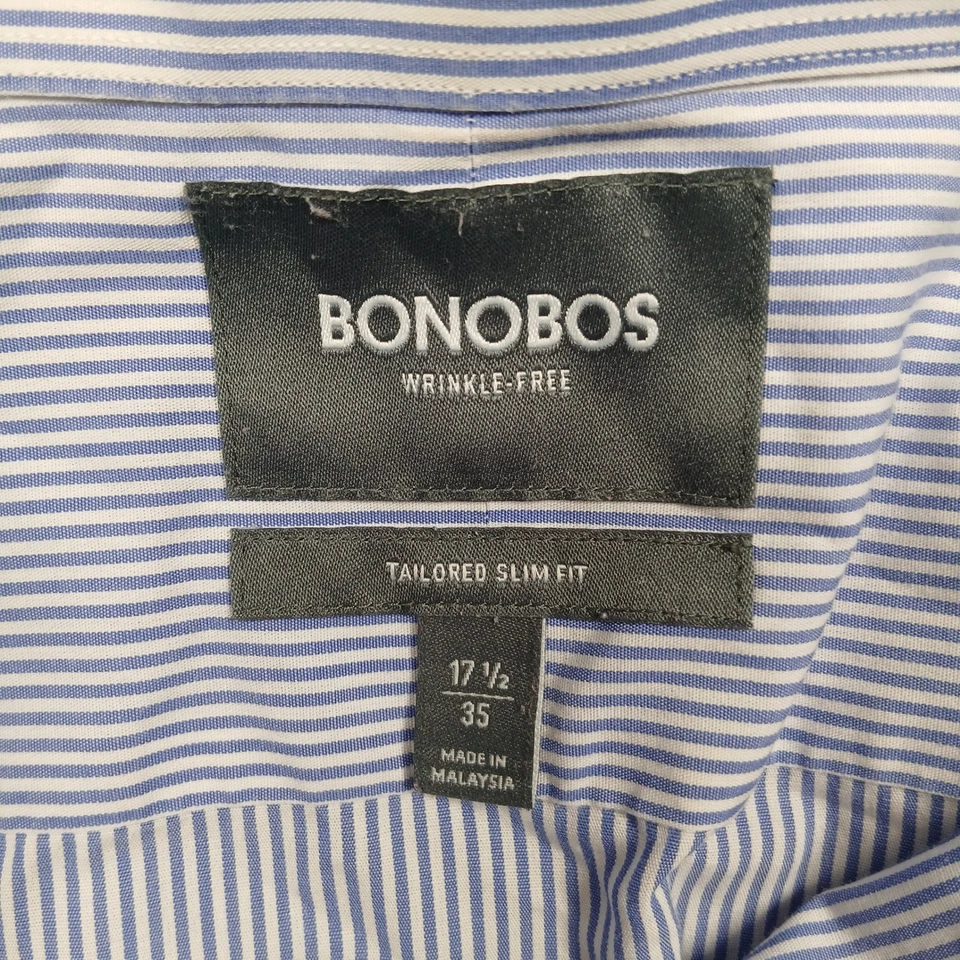 Camisa de vestir Bonobos para hombre 17,5 35 azul a rayas sin arrugas a medida calce ajustado Foto 4 de 4
